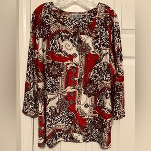 JM Collection Red , black & gold animal print & baroque pattern top